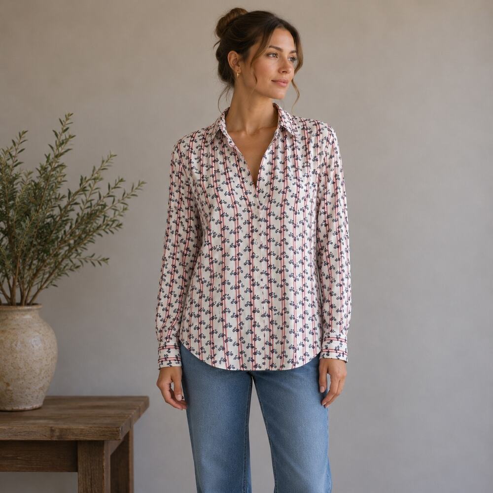 Grayson Red White Blue Bicycle Print Button Down Top Small